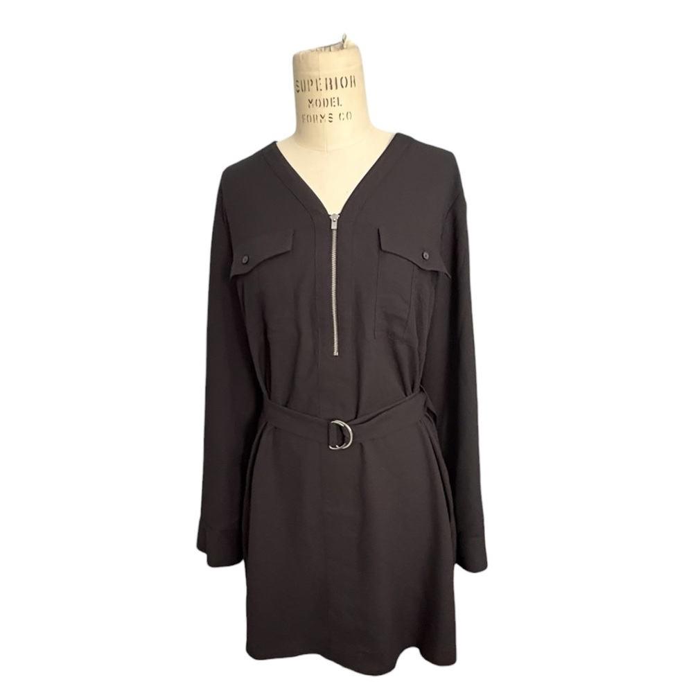 NWT Express Black Long Sleeve Dress‎ w/ Belt Silver Zip Women M Brunch Workwear